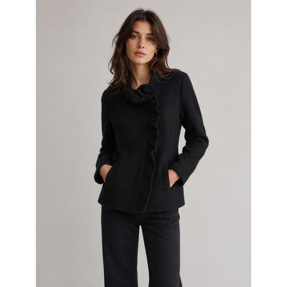 SANDRO Sportswear Wool Blend Ruffle Collar‎ Jacket Black Size M